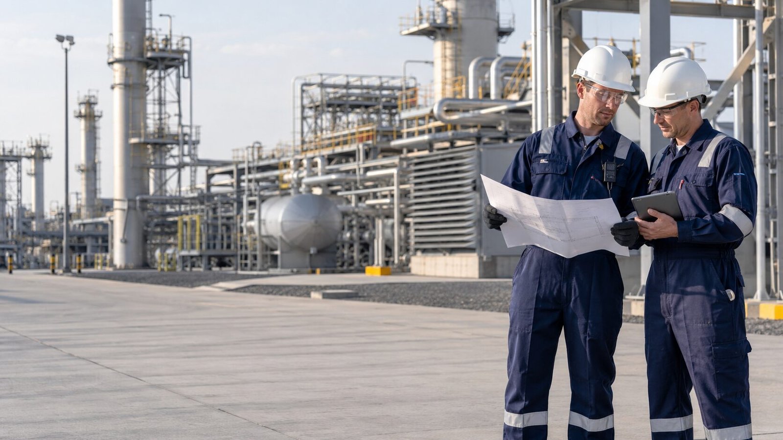 Engineers reviewing drawings at an industrial plant