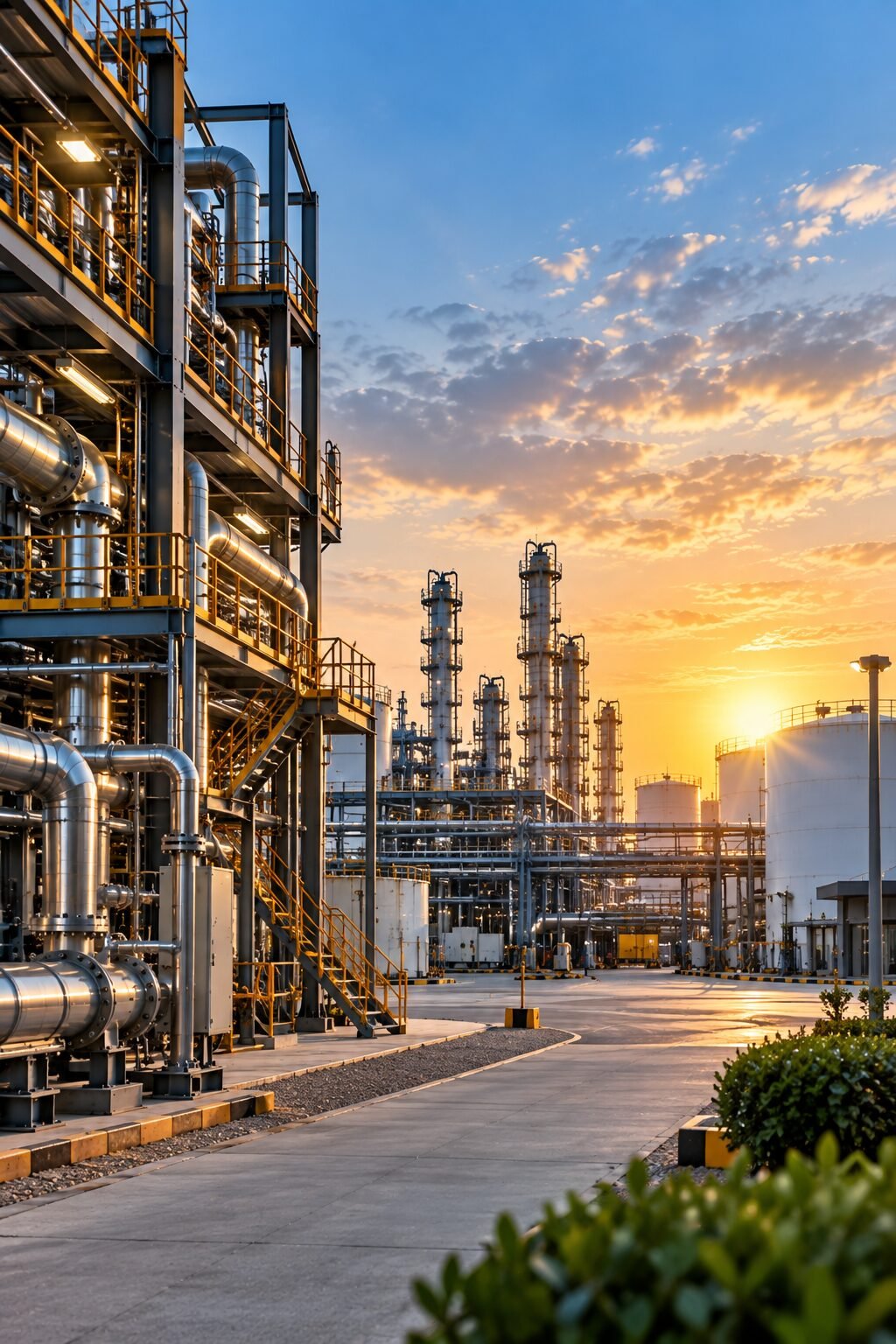 Processing plant walkway at sunset