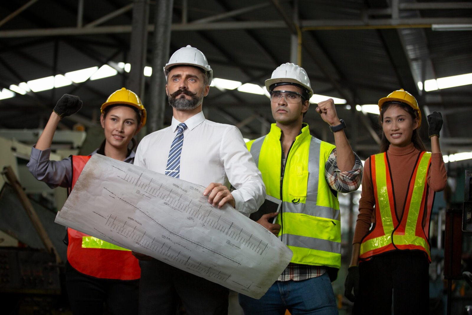 Project team in hard hats and hi-vis vests inside a factory building