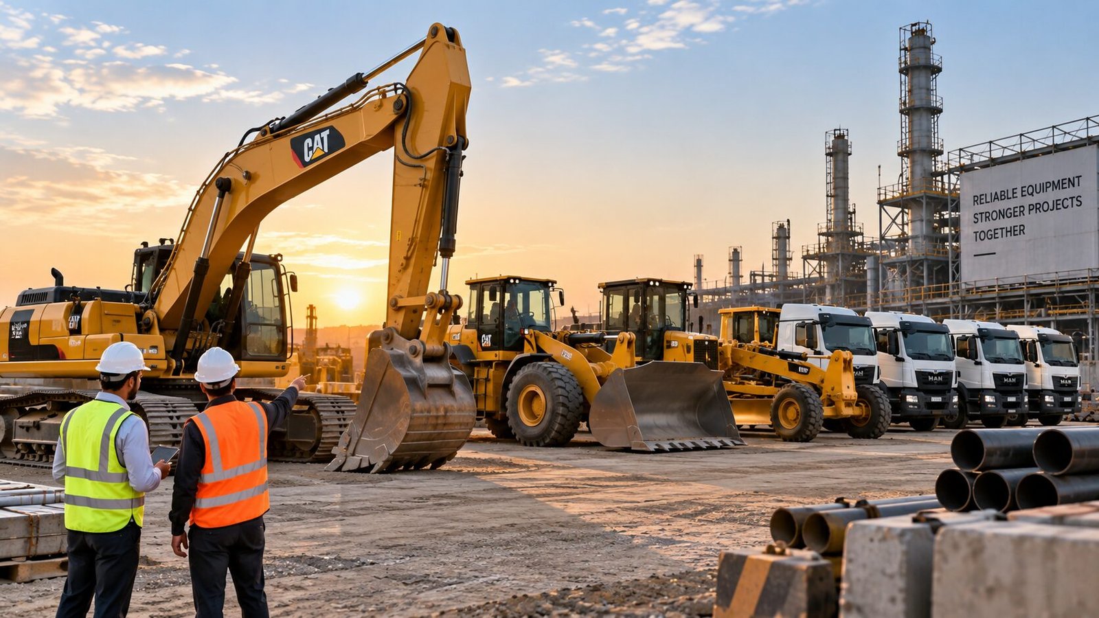 Engineers beside heavy equipment on site