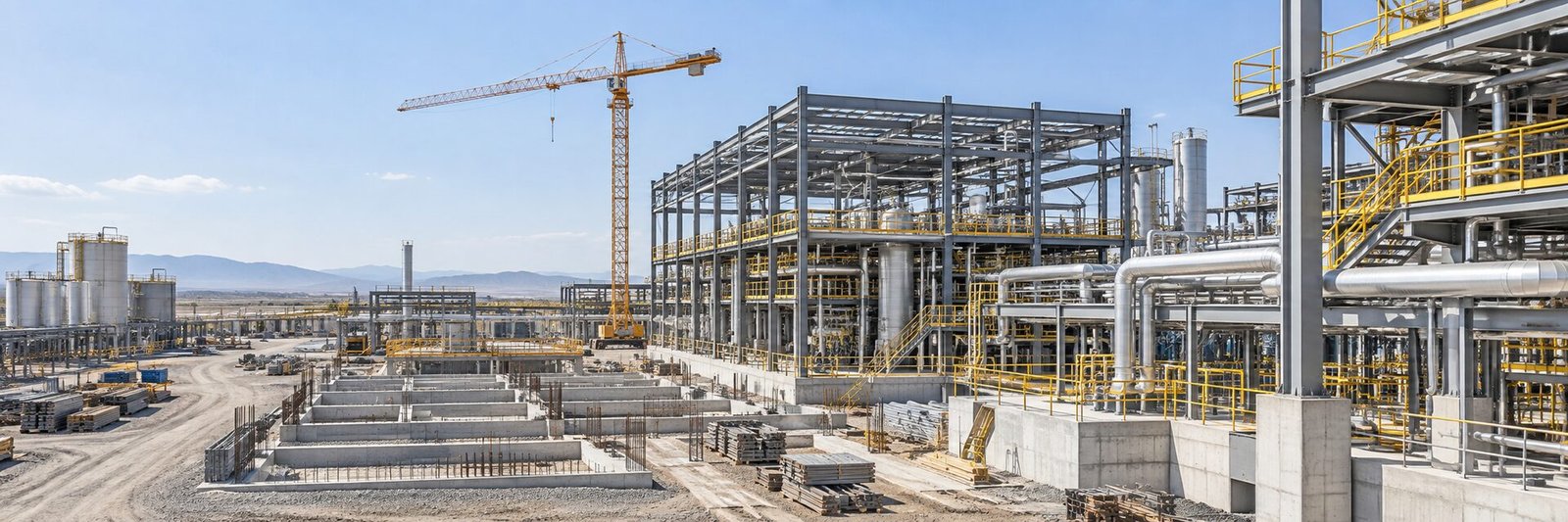 Steel structures under construction at an industrial site