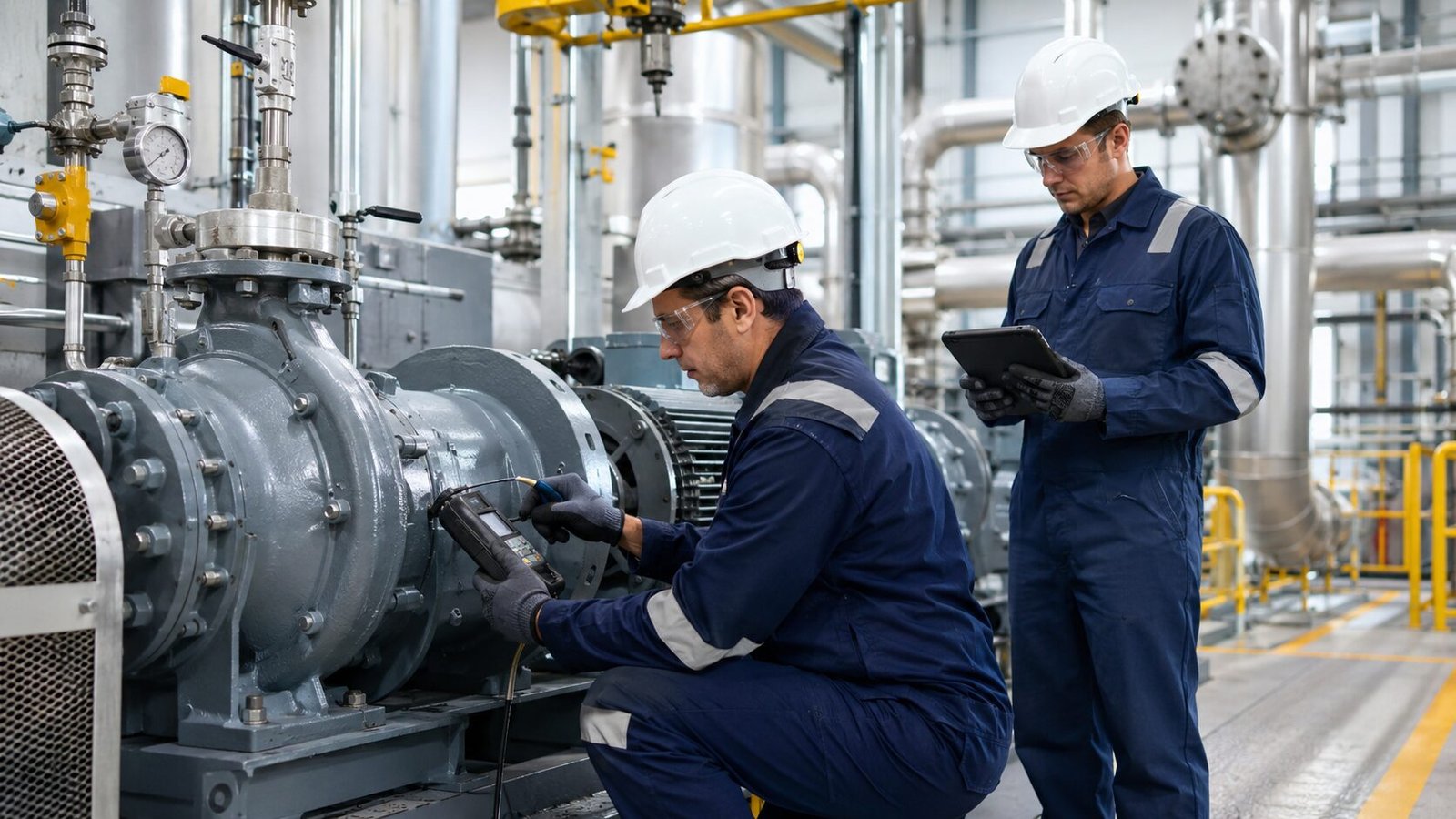 Technicians servicing a pump at a processing plant