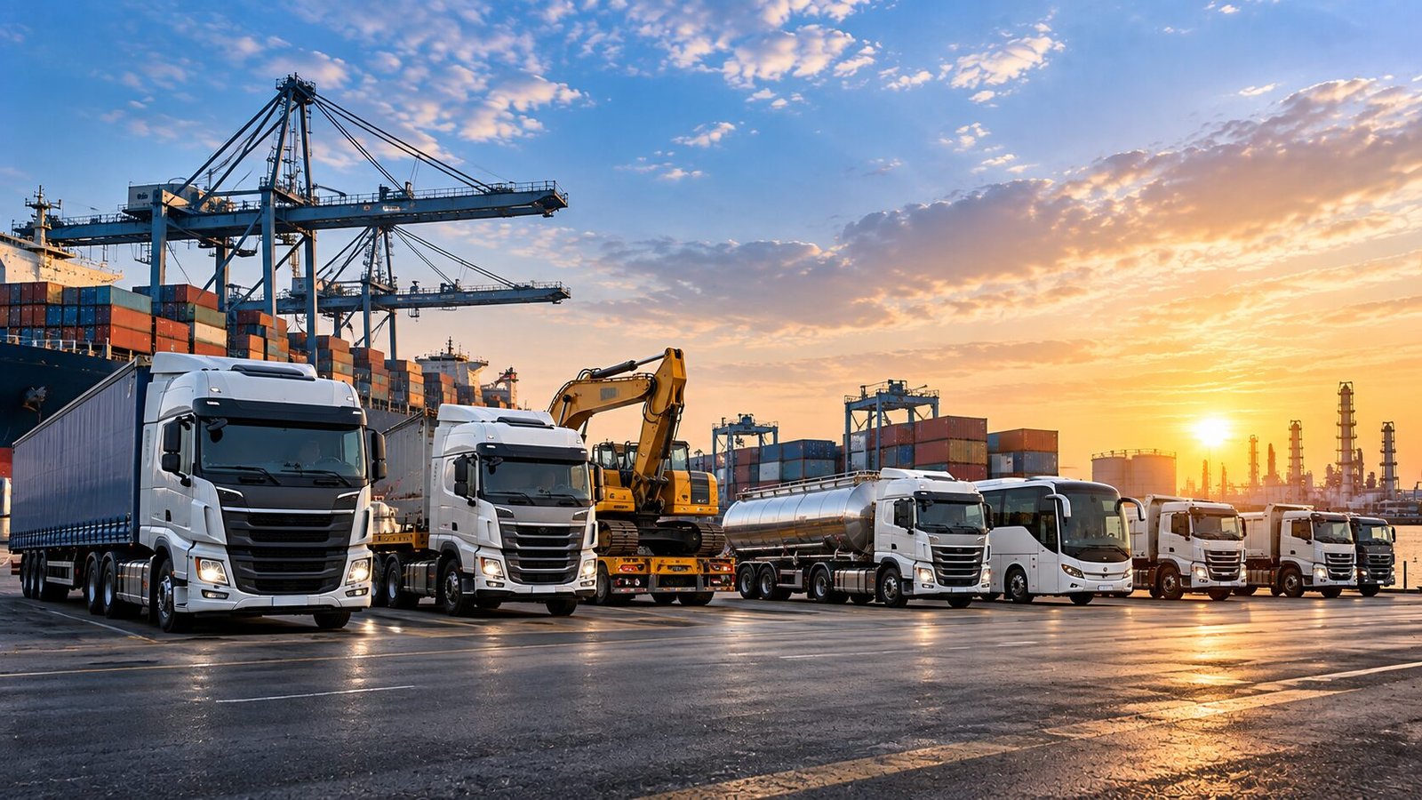 Trucks and tankers lined up at a port