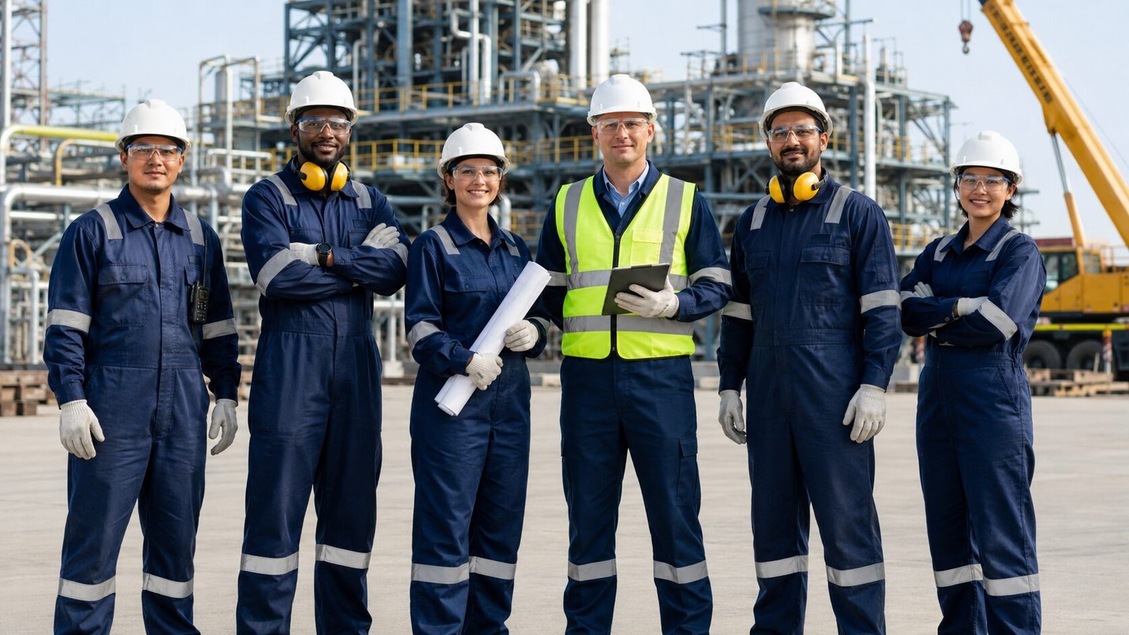 Workforce in coveralls lined up at a plant